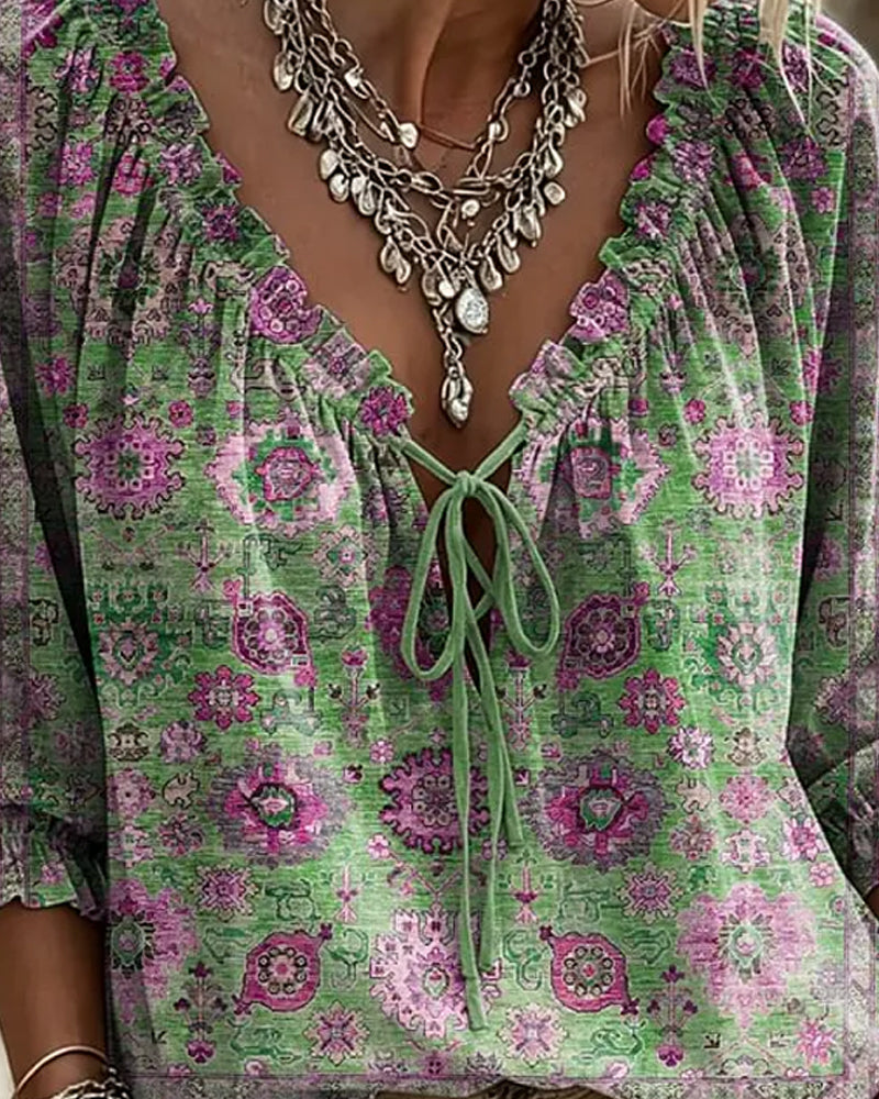 Blouse V-Hals Strik Vintage Print