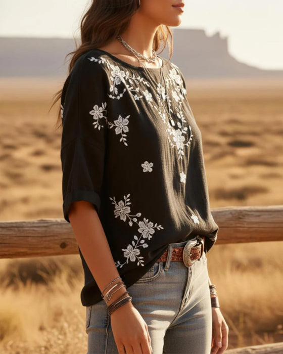 Blouse Ronde Hals Drop Schouder Los Bloemig