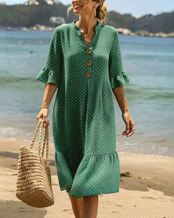 Jurk Polka Dot V-Hals Geruwde Mouw