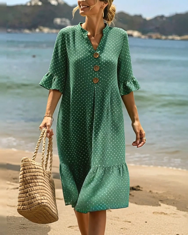Jurk Polka Dot V-Hals Geruwde Mouw