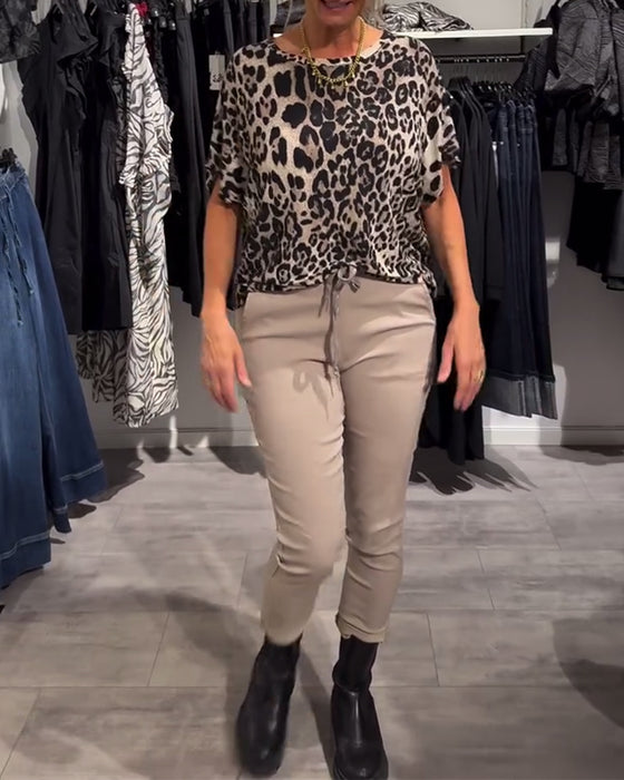 Blouse Ronde Hals Luipaardprint Korte Mouwen