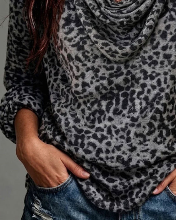 Blouse Mock Hals Luipaard Lange Mouw