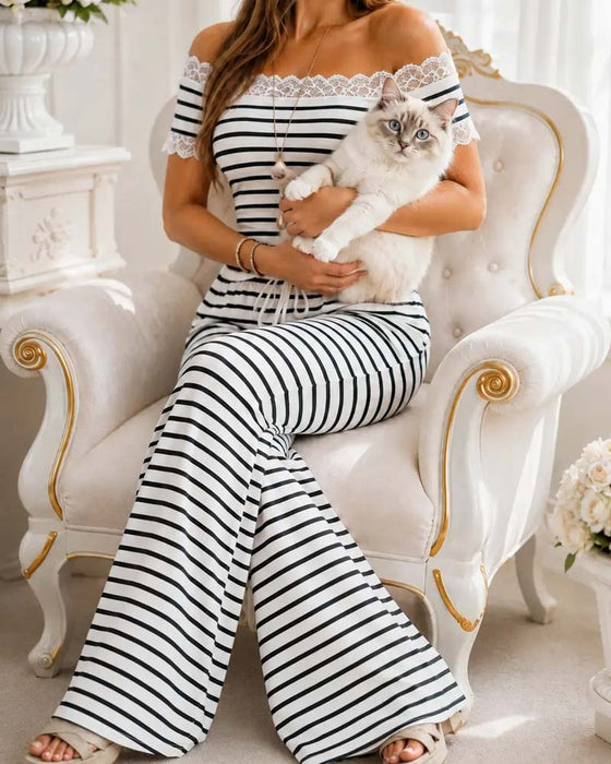 Set Off-Shoulder Kant Rand Streep Breed Been Broek