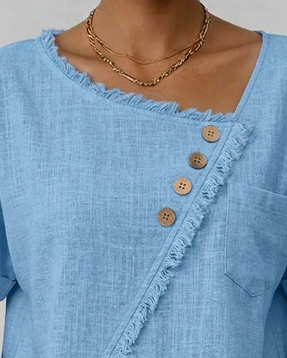 Blouse Ruwe Rand Schuin Gesneden Knoop Korte Mouw