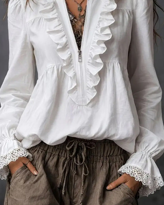 Blouse Met Rits En Ruchesmouwen