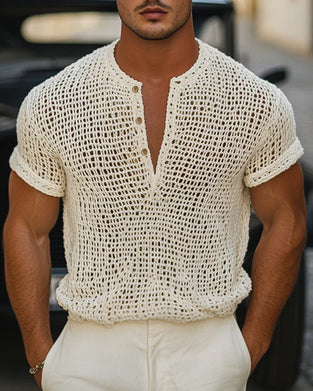 Heren T-Shirt Knoop Kleine V-Hals Korte Mouw