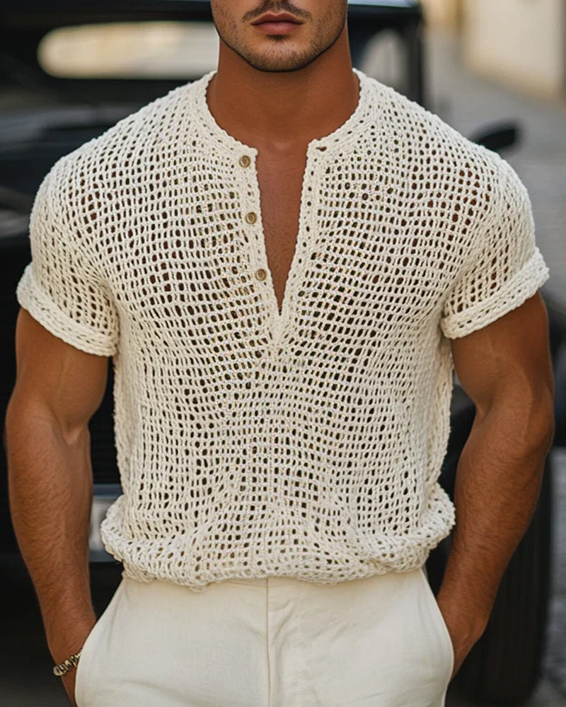 Heren T-Shirt Knoop Kleine V-Hals Korte Mouw