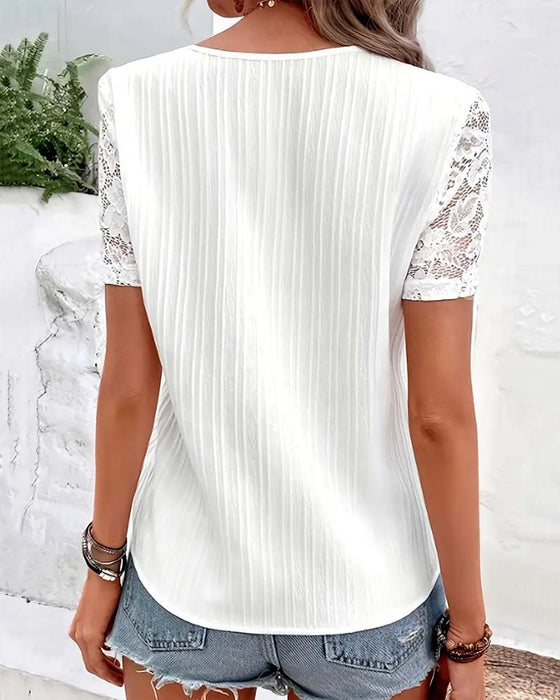 Blouse V-Hals Effen Kleur Kant Stiksel