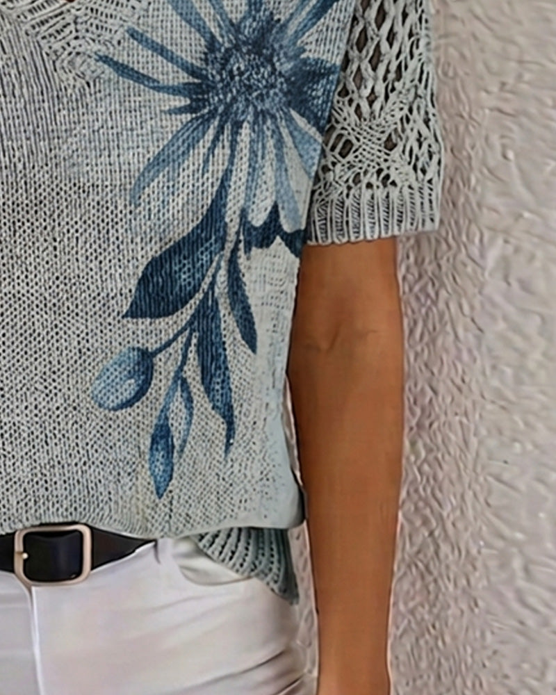 Pullover V-Hals Gebreid Bloemen