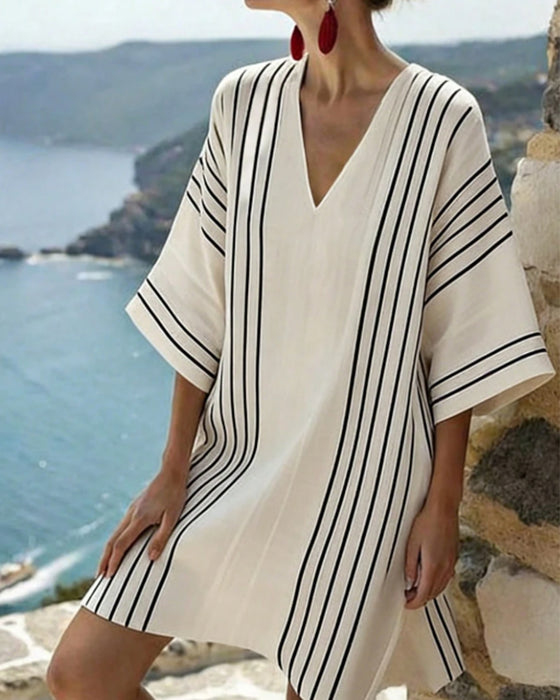 Jurk Off White Zwarte Streep V Hals