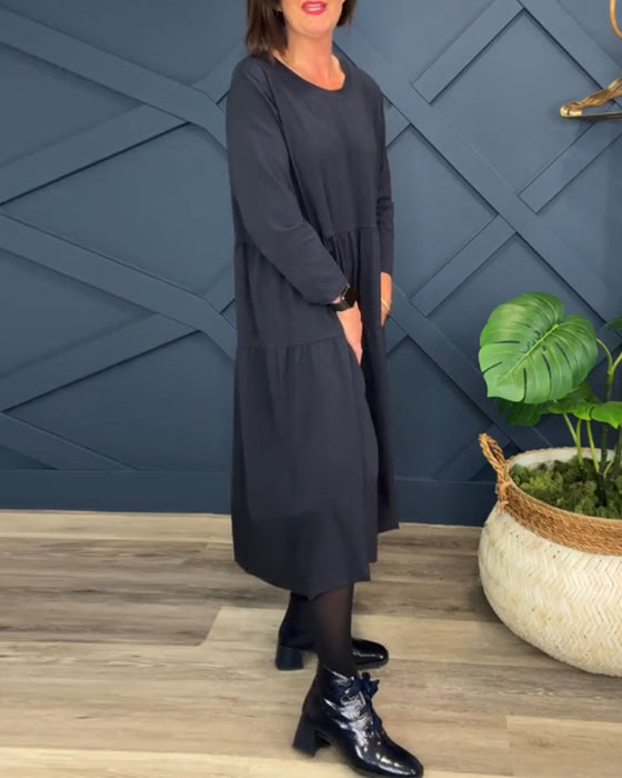 Casual effen jurk met ronde hals en patchwork