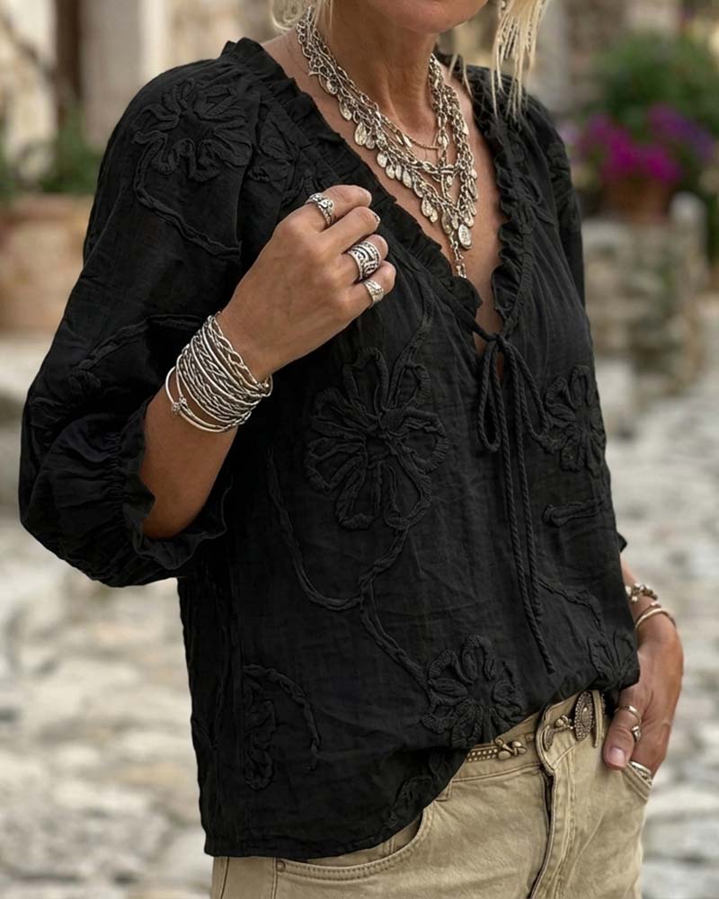 Blouse 100% Katoen V-Hals Wikkel Strik Gerafeld