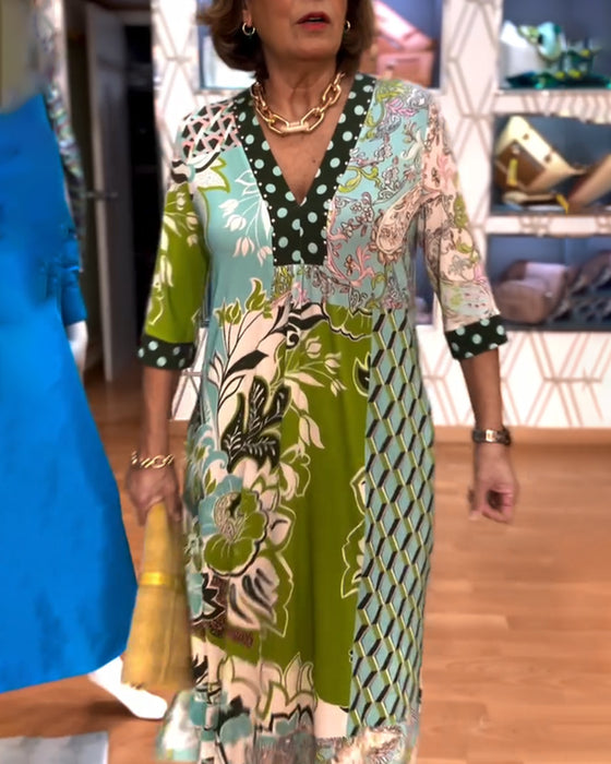 V-hals Jurk Met Vintage Print En Spleetontwerp