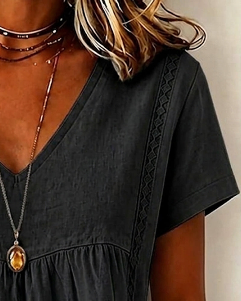 Blouse V-Hals Gerimpeld Korte Mouw