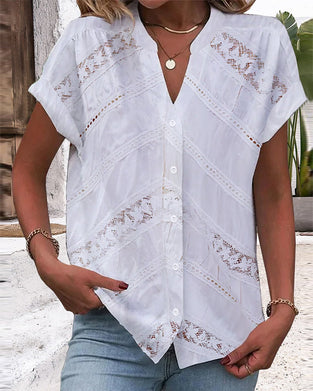 Hollow Out Top met korte mouwen en V-neck