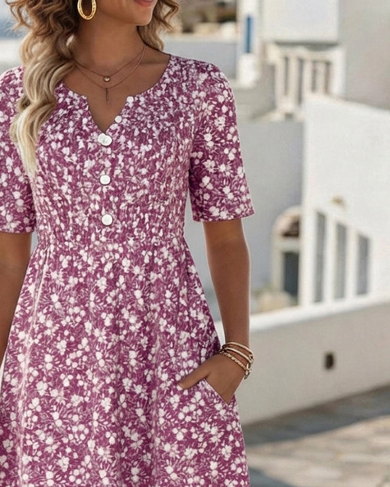 Jurk V-Hals Korte Mouw Bloemen