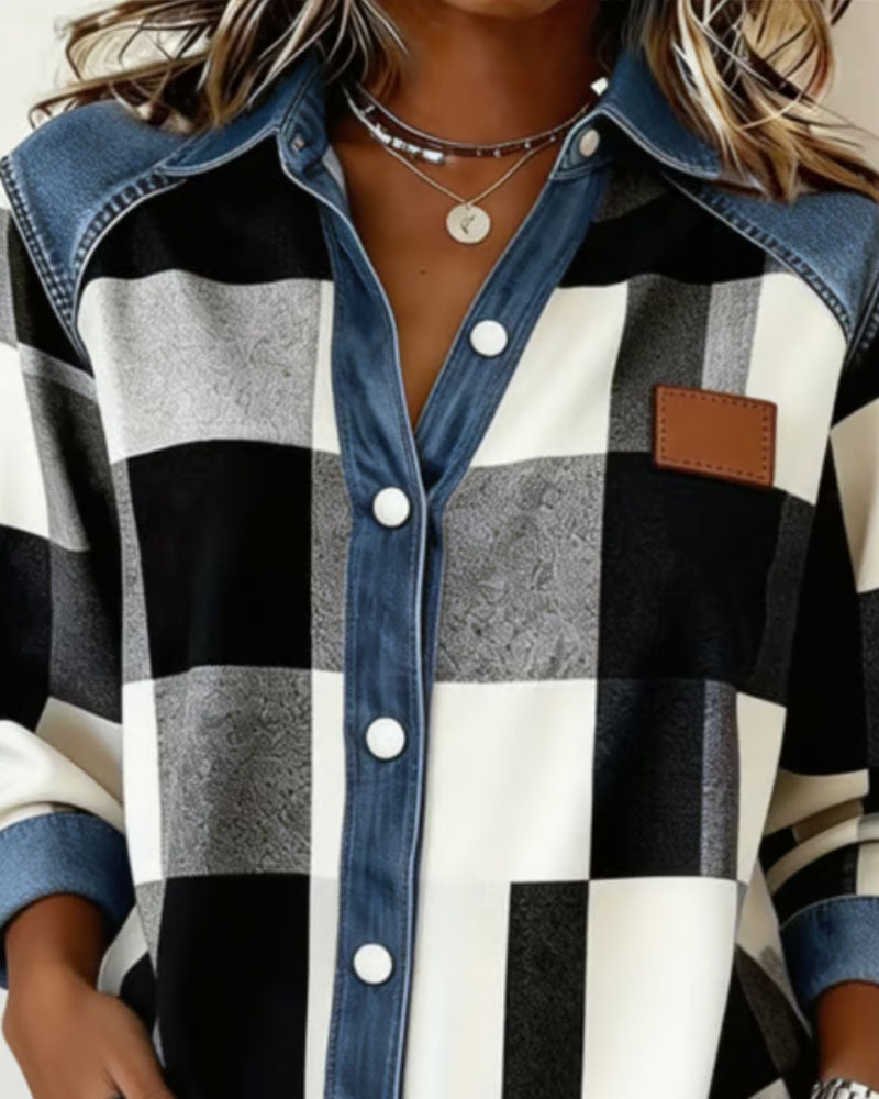 Overhemd Geruit Kleurblok Denim Patchwork