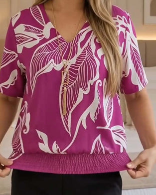 Blouse Bloemenprint Elastische Zoom Korte Mouw