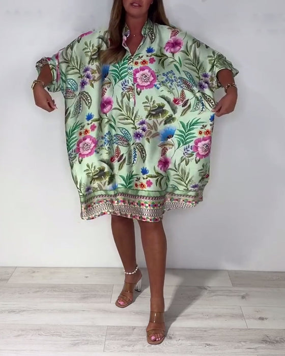 Jurk Staande Kraag Vakantie Bloemenprint