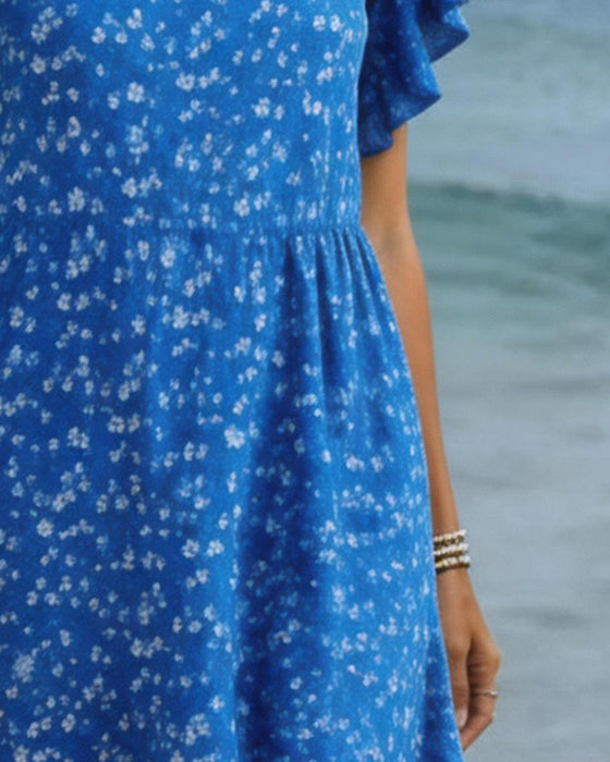 Jurk U-Hals Taille Print Flutter Mouw
