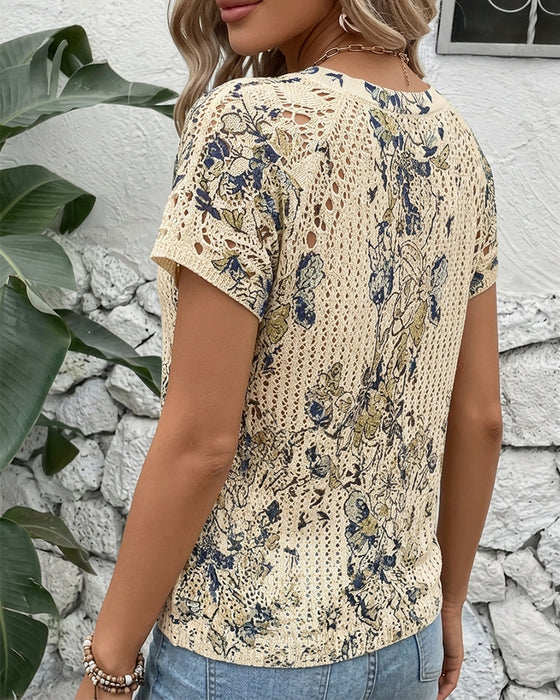 Pullover Korte Mouw Opengewerkte Print