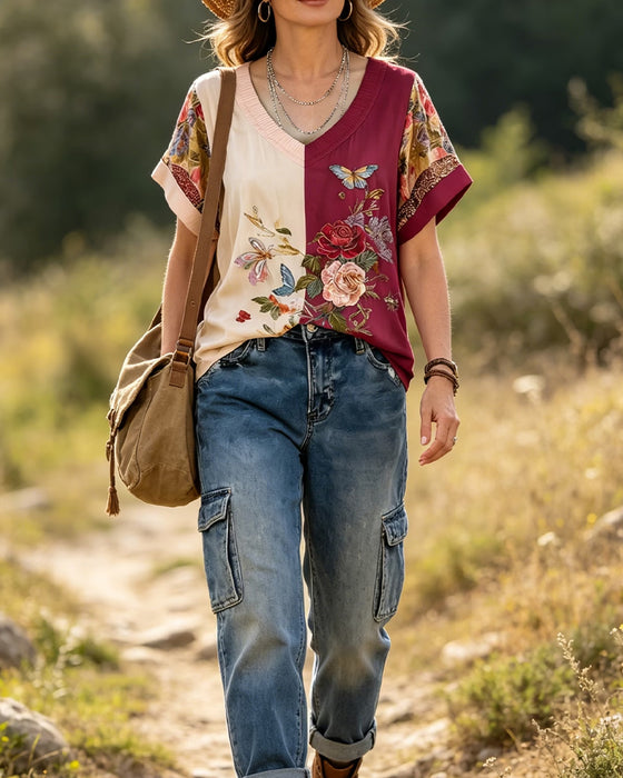 Blouse V-Hals Asymmetrisch Patchwork Bloemen