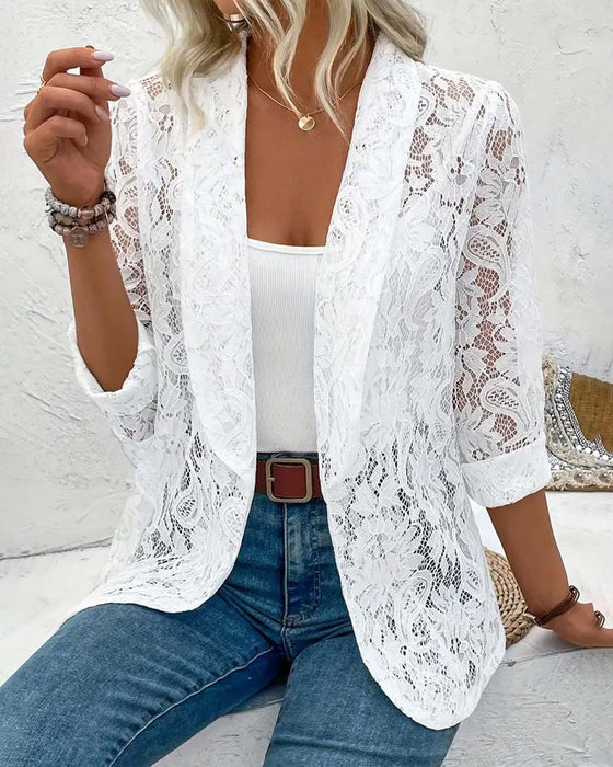 Effen kleur elegante jas met bloemenkant en revers