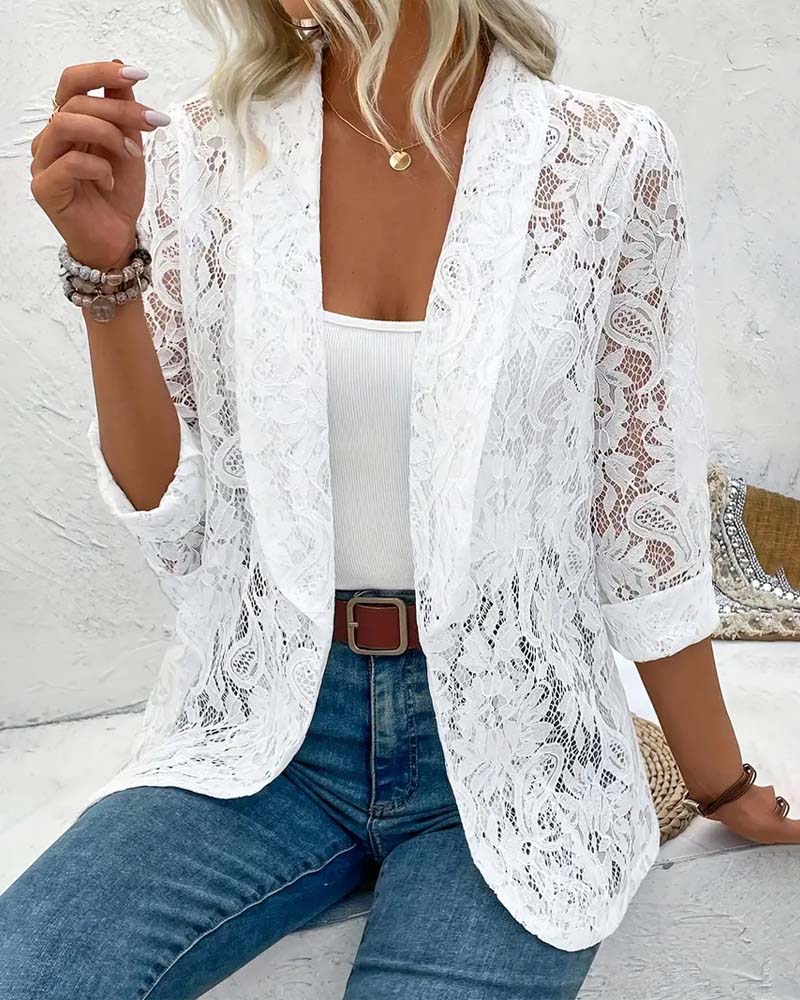 Effen kleur elegante jas met bloemenkant en revers