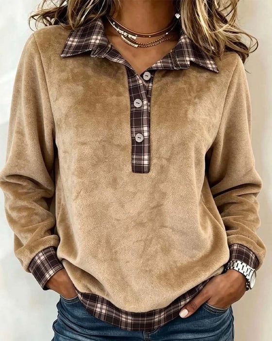 Sweatshirt Revers Knoop Geruit Patchwork