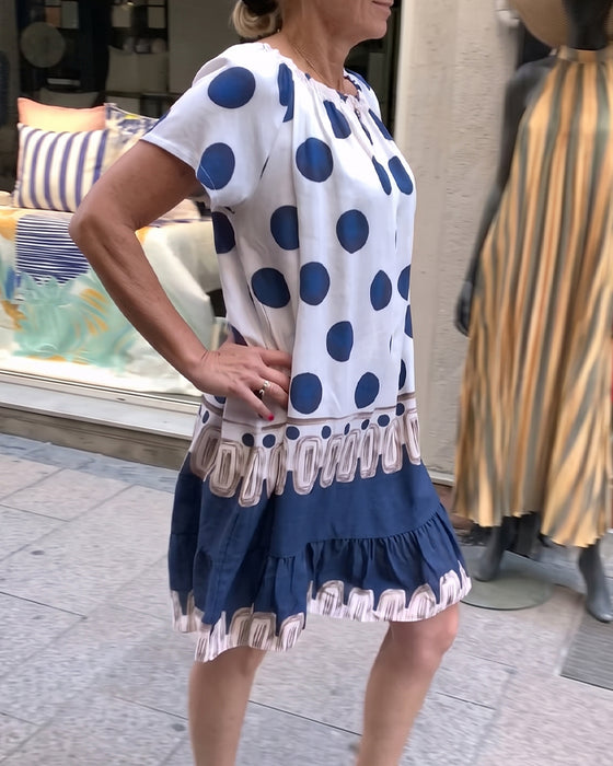 Jurk Vierkante Hals Grote Stip Ruffle Contrast