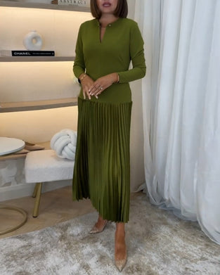 Casual effen kleur jurk met lange mouw en plooi