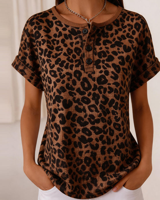 Top Henley Hals Luipaard Bedrukt Wafel