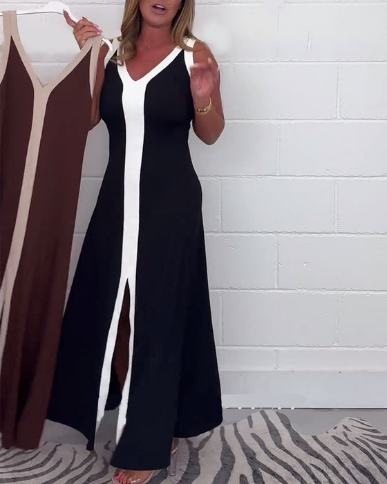 Mouwloze jurk met kleurblokken en split