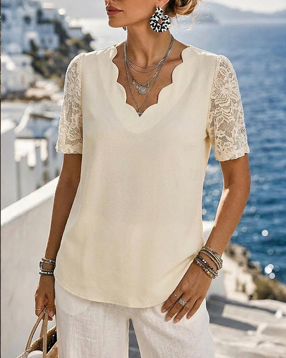 Blouse V-Hals Kant Patchwork Effen