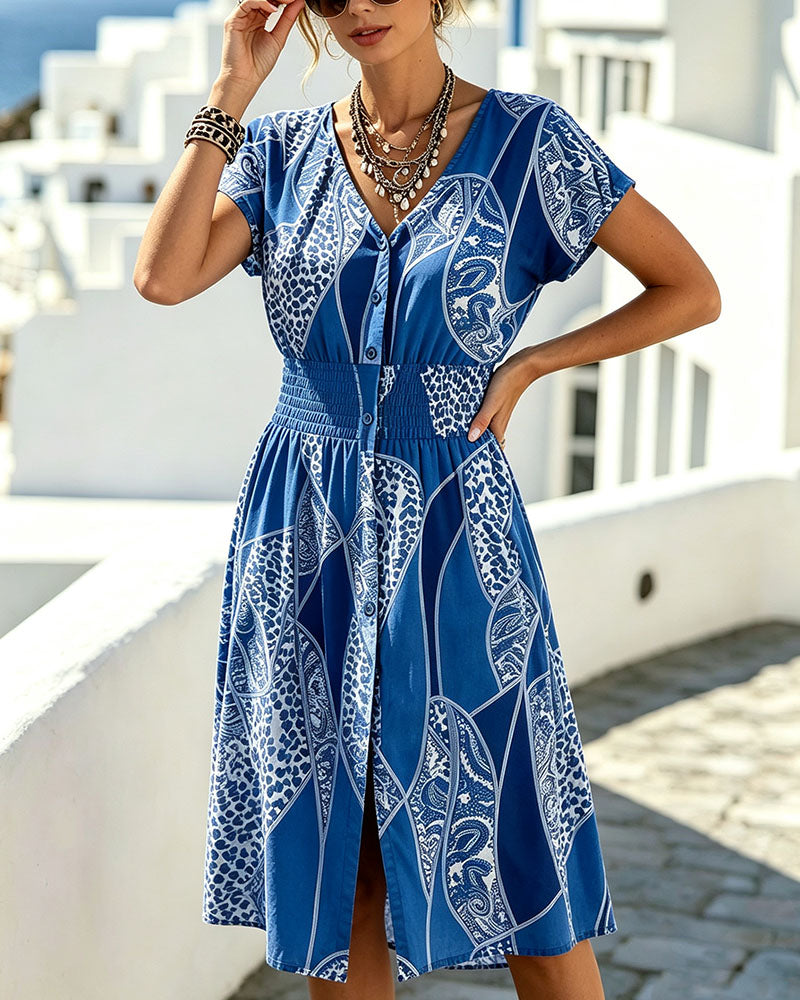 Jurk Luipaardprint V-Hals Knoop Taille