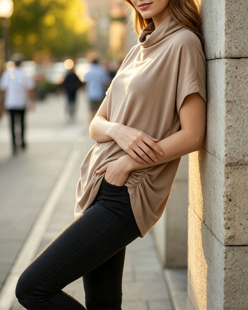 Blouse Mock Hals Korte Mouw Zijde Gerimpeld