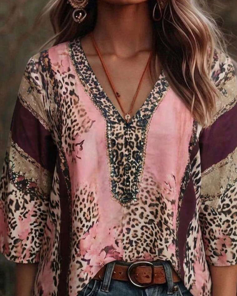Blouse V-Hals Luipaard Kleurblok