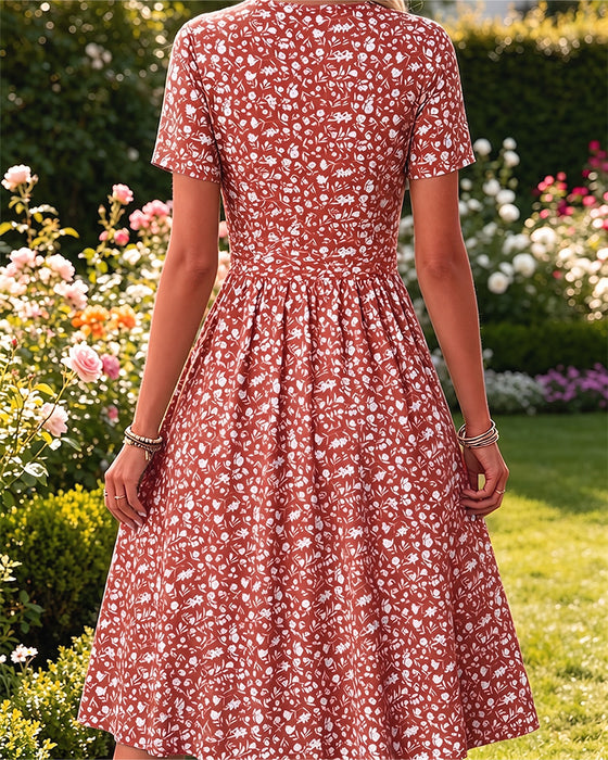 Jurk V-Hals Korte Mouw Kleine Bloemen