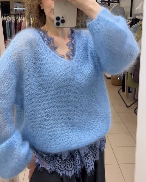 Pullover V-Hals Effen Patchwork