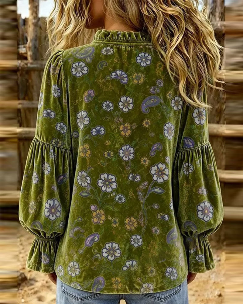 Blouse V-Hals Knoop Volant Bloemen