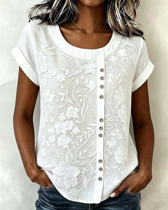 Blouse Bloemen Knoop Ronde Hals Korte Mouw