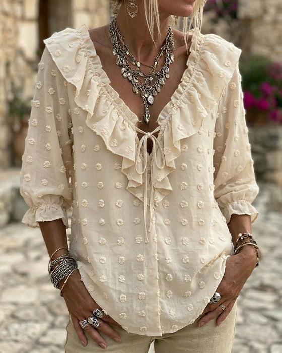 Blouse V-Hals Driedimensionale Bedrukte Pofmouwen
