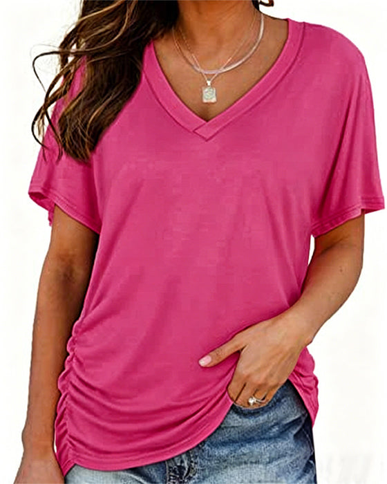T-Shirt Geplisseerd Effen V-Hals