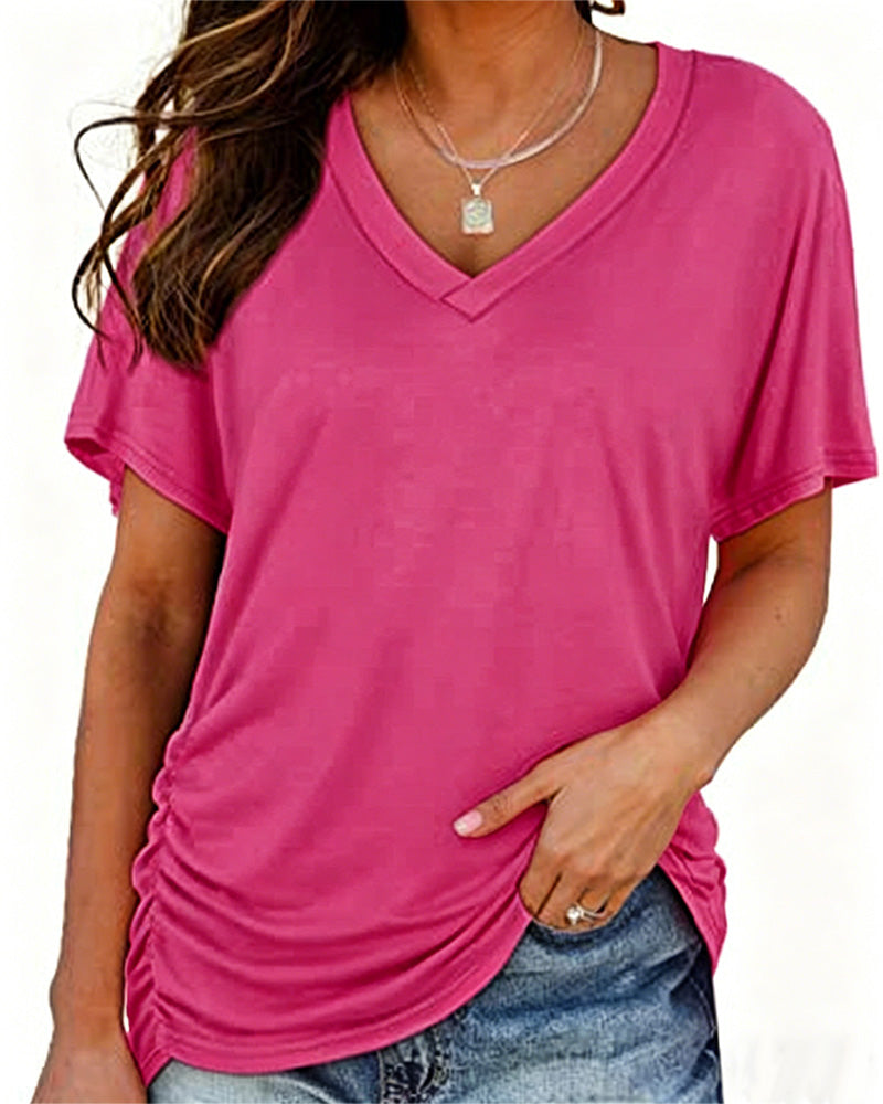 T-Shirt Geplisseerd Effen V-Hals