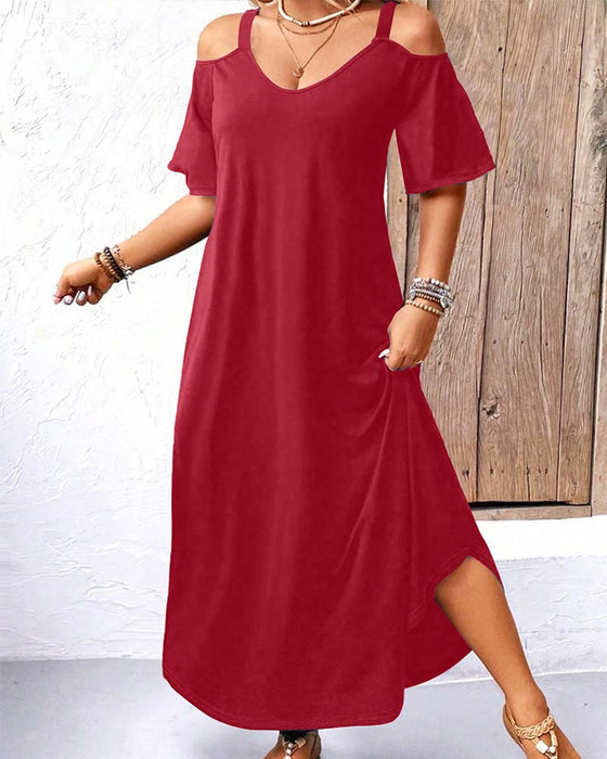 Jurk Effen V-Hals Off-Shoulder Lang