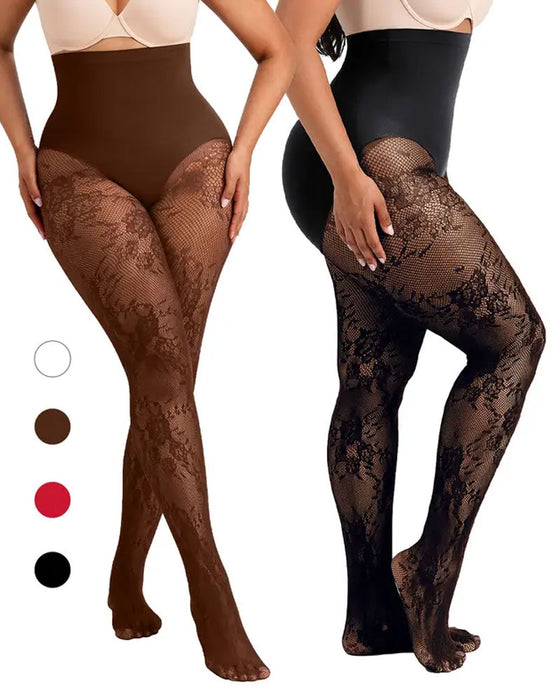 Dames vormende panty met hoge taille en bloemenkant