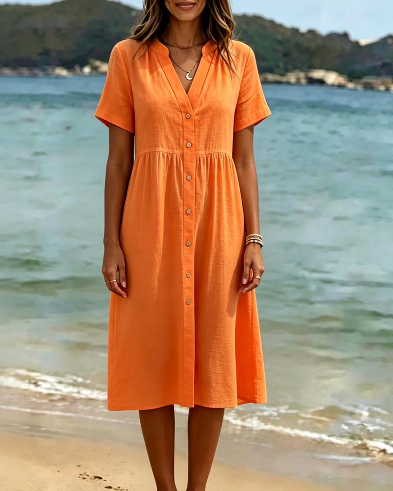 Jurk V-hals Knoopsluiting Resort Stijl
