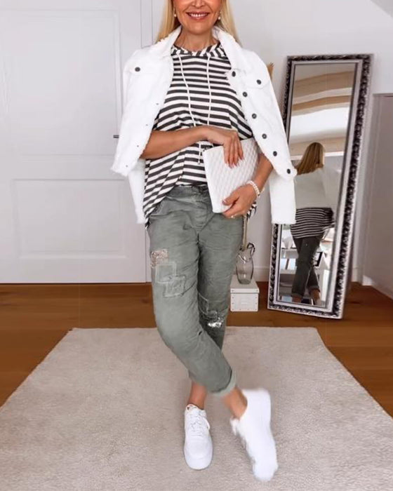 T-Shirt Met Capuchon Casual Gestreept