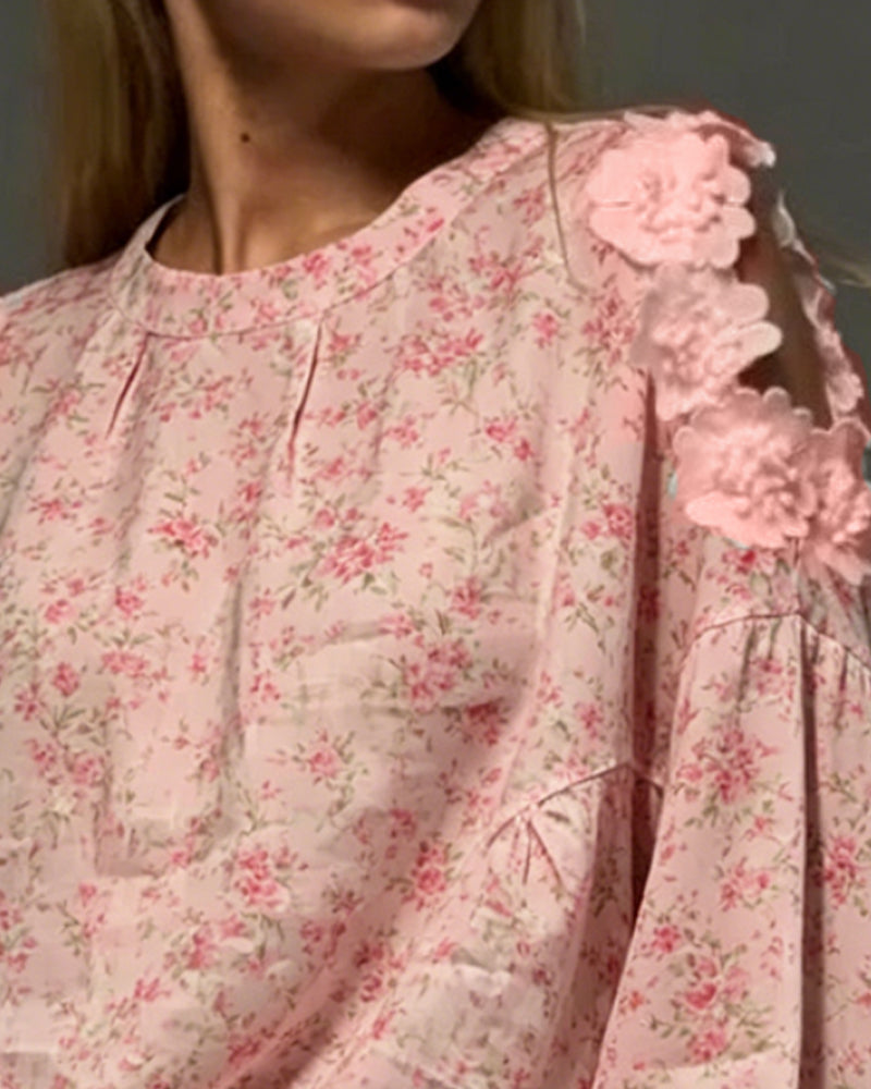 Blouse Ronde Hals Off-Shoulder Bloemen Los