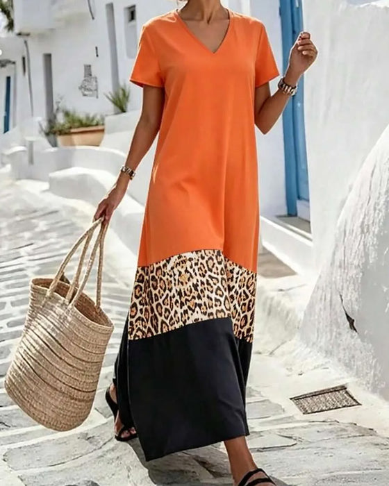 Maxi-Jurk V-Hals Kleurblok Patchwork Luipaard